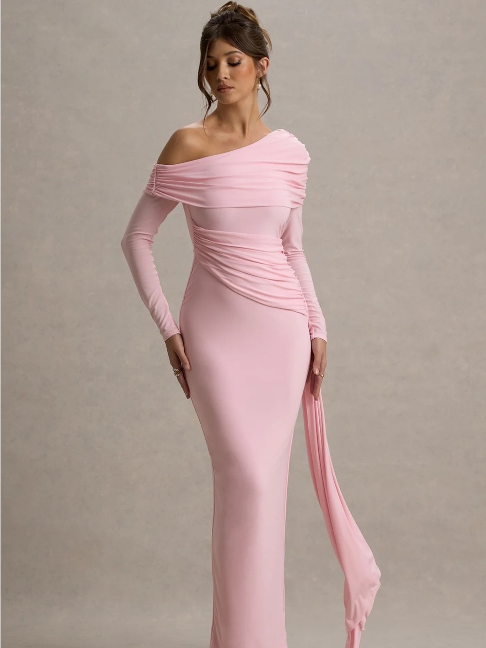 Club L London Blush Pink One-Shoulder Ruched Evening Gown - Picture 1 of 3